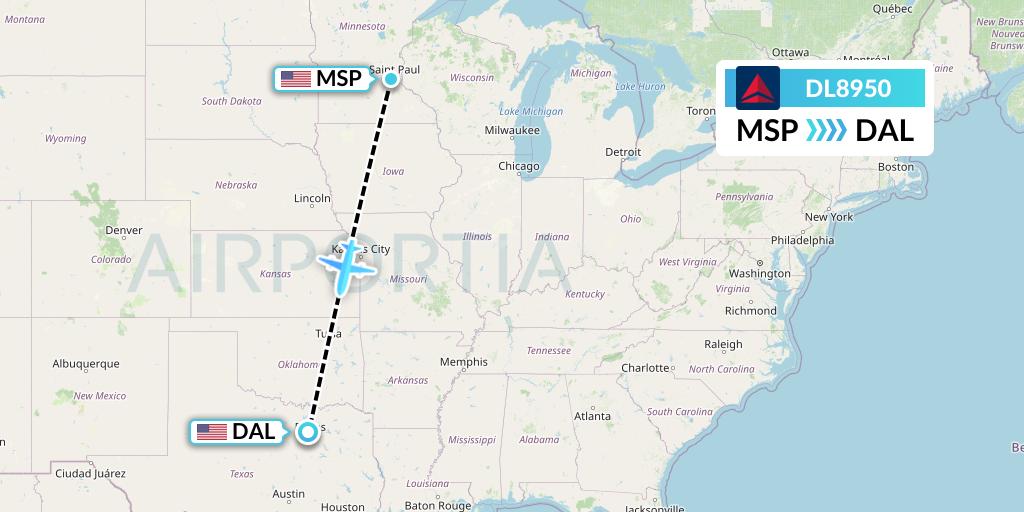 DL8950 Delta Air Lines Flight Map: Minneapolis to Dallas