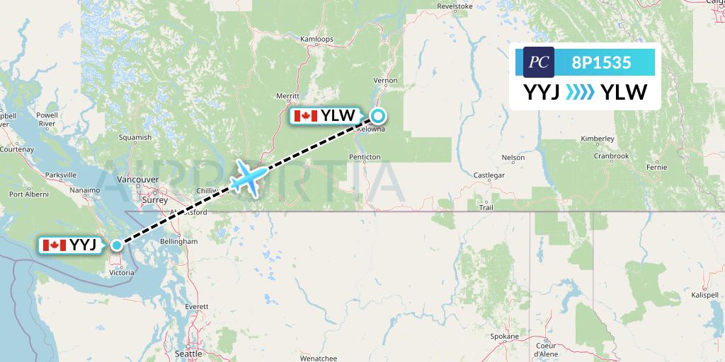 8P1535 Pacific Coastal Airlines Flight Map: Victoria to Kelowna