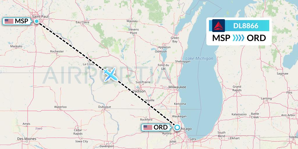 DL8866 Delta Air Lines Flight Map: Minneapolis to Chicago