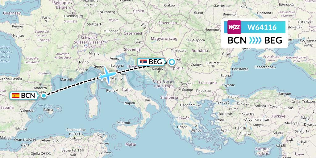 W64116 Wizz Air Flight Map: Barcelona to Belgrade