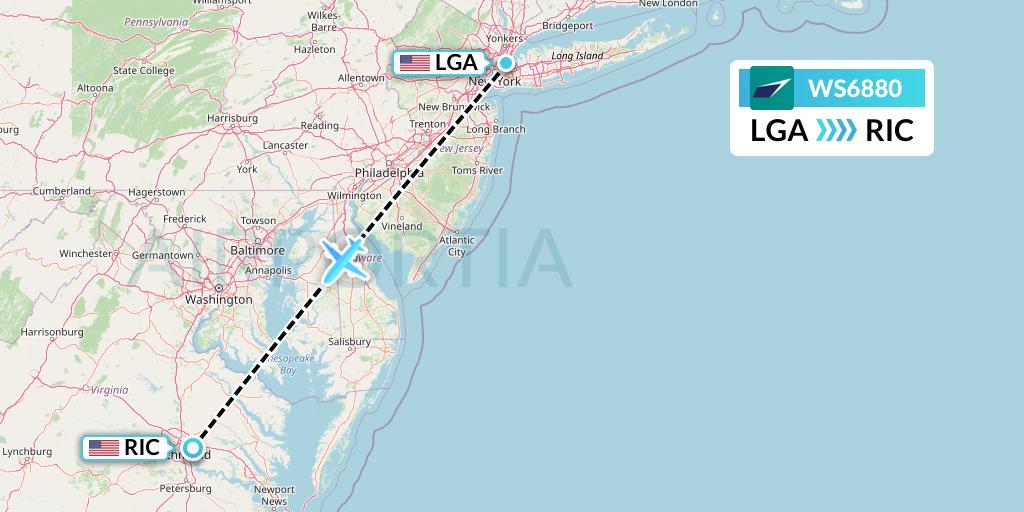 WS6880 WestJet Flight Map: New York to Richmond