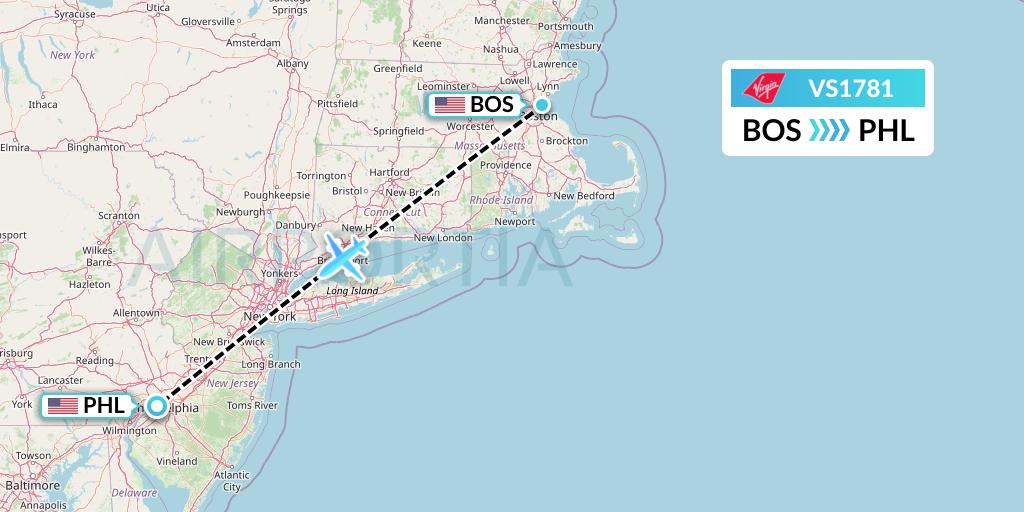 VS1781 Virgin Atlantic Airways Flight Map: Boston to Philadelphia