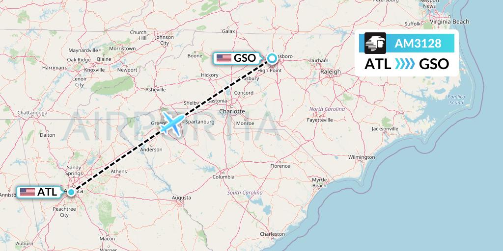 AM3128 Aeromexico Flight Map: Atlanta to Greensboro