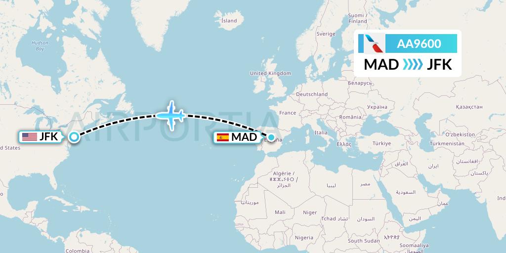 AA9600 American Airlines Flight Map: Madrid to New York