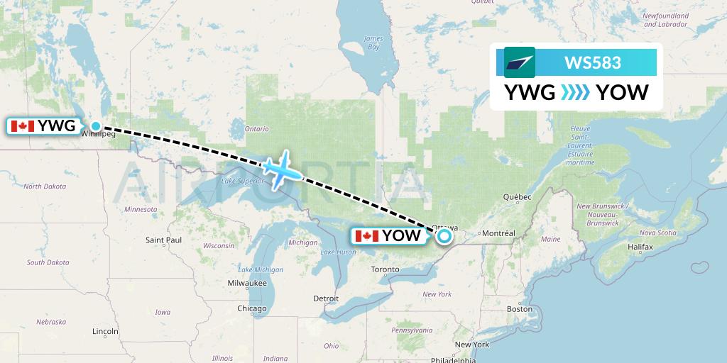 WS583 WestJet Flight Map: Winnipeg to Ottawa