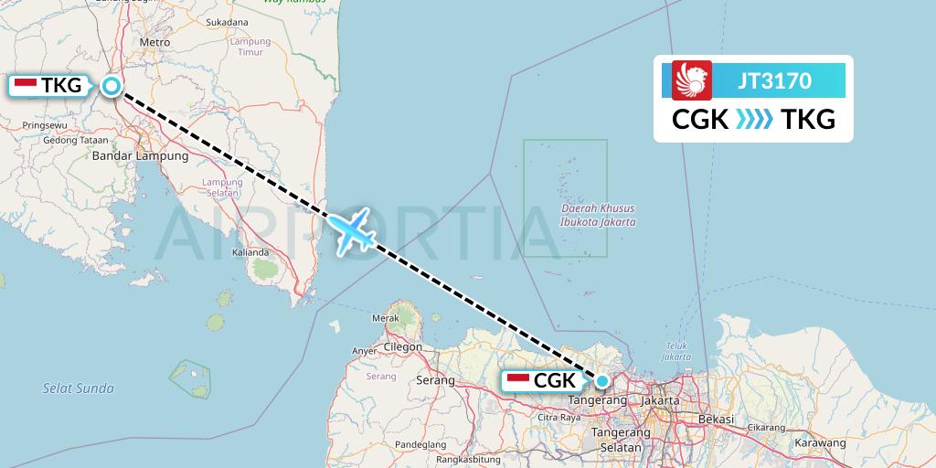 JT3170 Lion Airlines Flight Map: Jakarta to Bandar Lampung