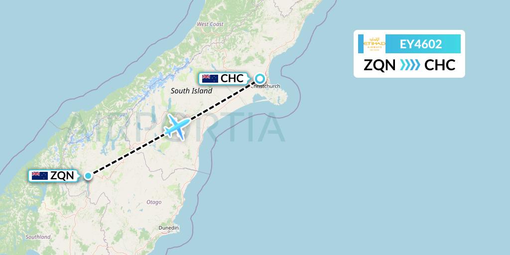 EY4602 Etihad Airways Flight Map: Queenstown to Christchurch