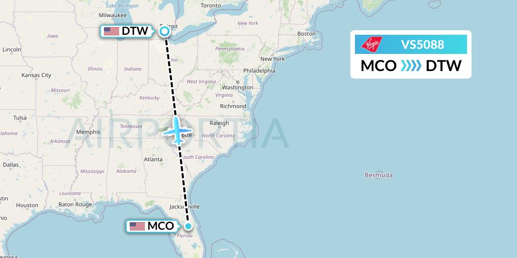 VS5088 Virgin Atlantic Airways Flight Map: Orlando to Detroit