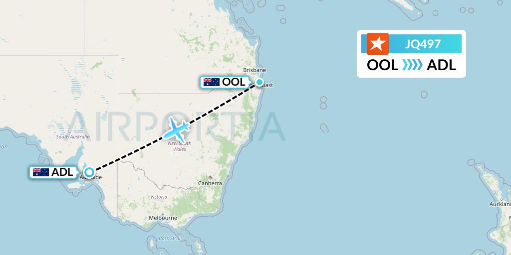 JQ497 Jetstar Airways Flight Map: Gold Coast to Adelaide
