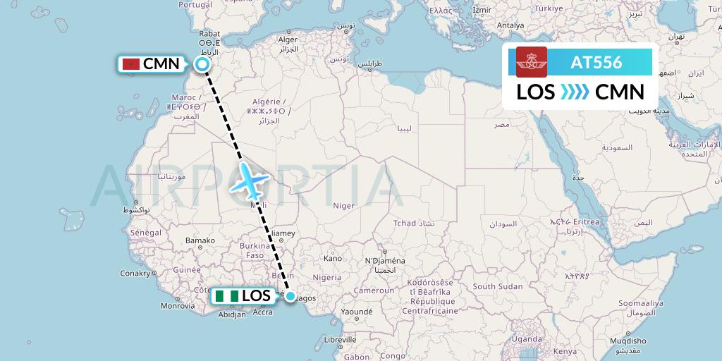 AT556 Royal Air Maroc Flight Map: Lagos to Casablanca