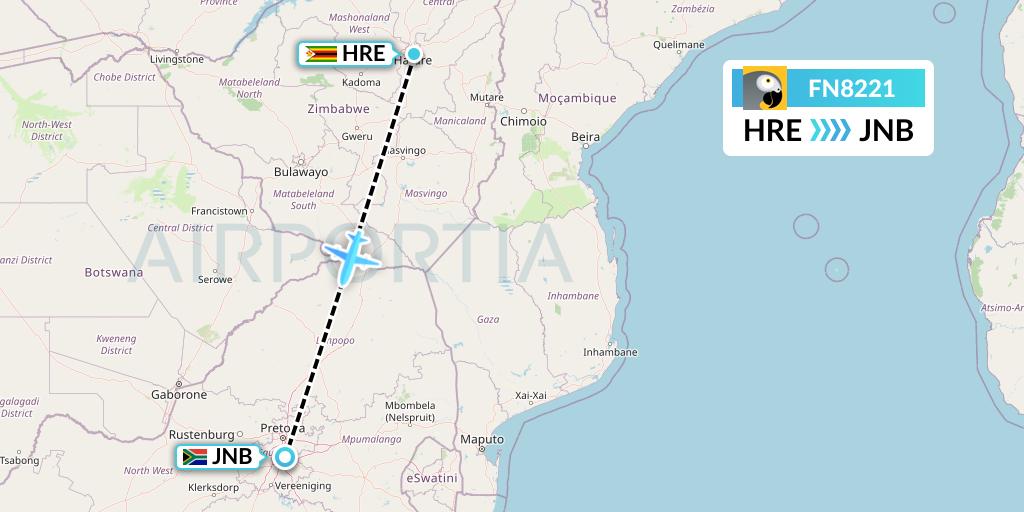 FN8221 Fastjet Flight Map: Harare to Johannesburg