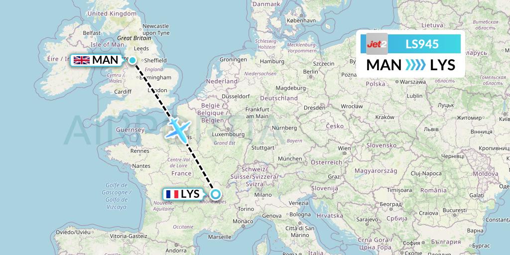 LS945 Jet2 Flight Map: Manchester to Lyon