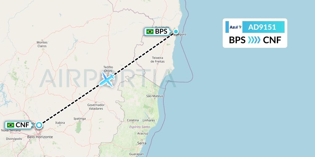AD9151 Azul Brazilian Airlines Flight Map: Porto Seguro to Belo Horizonte