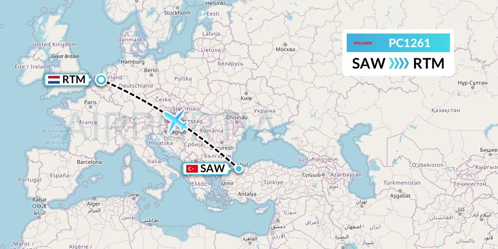 PC1261 Pegasus Airlines Flight Map: Istanbul to Rotterdam