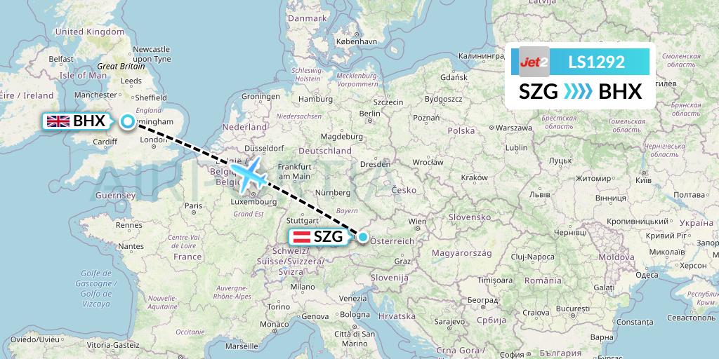 LS1292 Jet2 Flight Map: Salzburg to Birmingham
