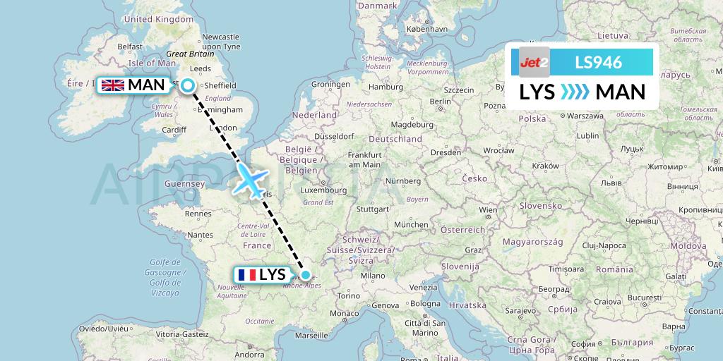 LS946 Jet2 Flight Map: Lyon to Manchester