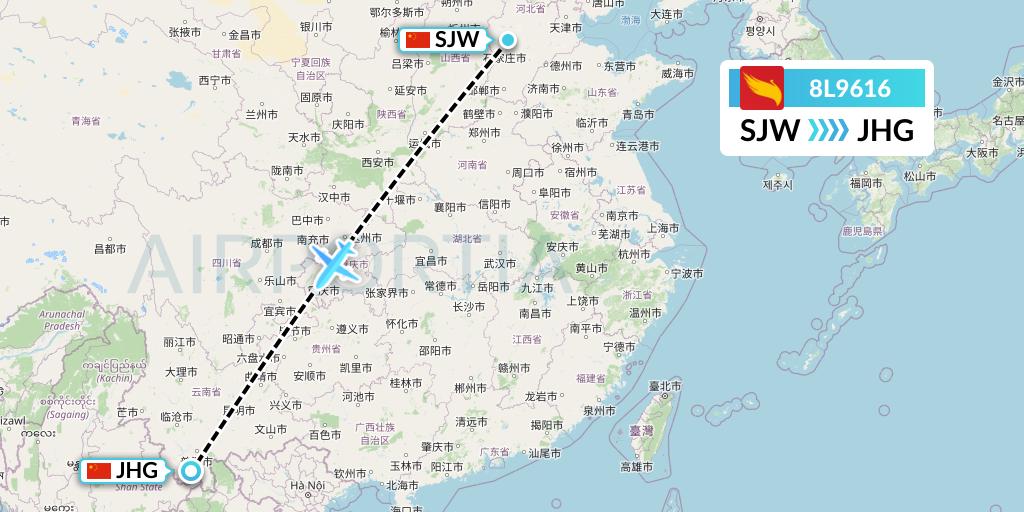 8L9616 Lucky Air Flight Map: Shijiazhuang to Jinghong