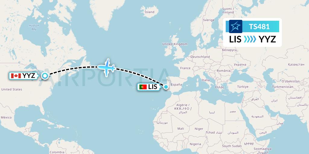 TS481 Air Transat Flight Map: Lisbon to Toronto