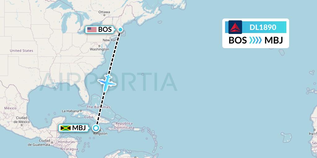 DL1890 Delta Air Lines Flight Map: Boston to Montego Bay