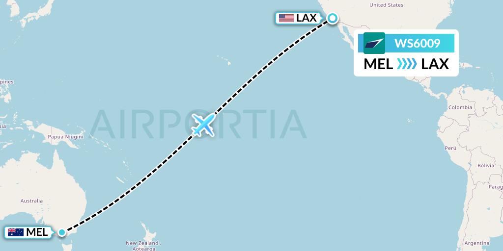 WS6009 WestJet Flight Map: Melbourne to Los Angeles
