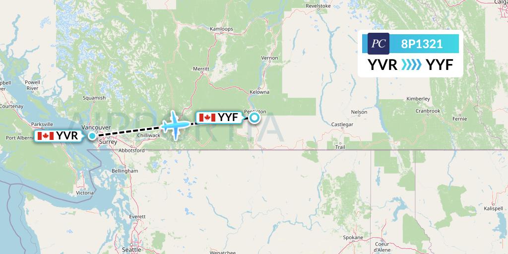 8P1321 Pacific Coastal Airlines Flight Map: Vancouver to Penticton