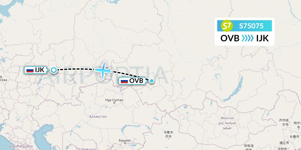 S75075 S7 Airlines Flight Map: Novosibirsk to Izhevsk