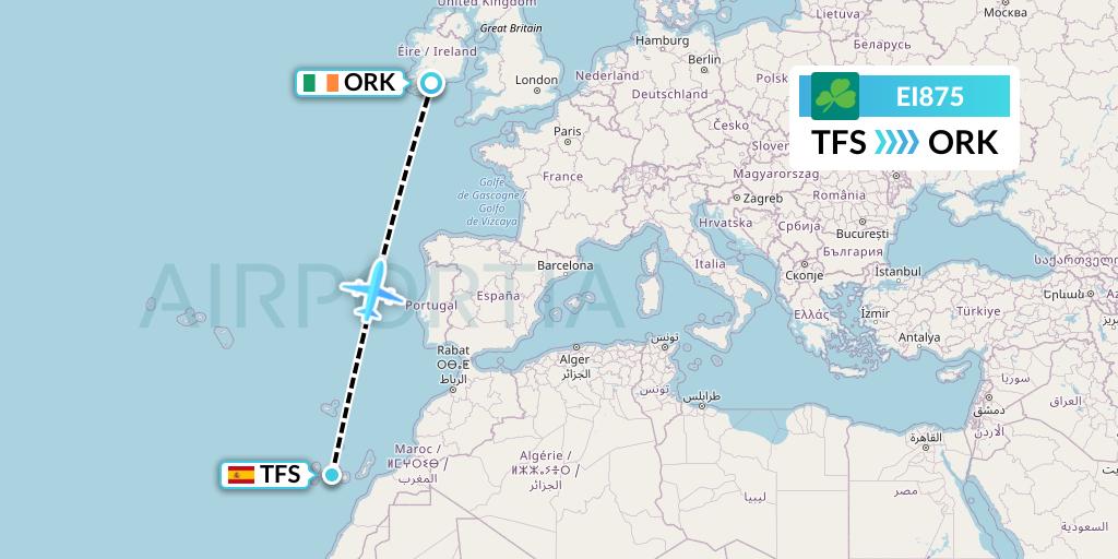 EI875 Aer Lingus Flight Map: Tenerife to Cork