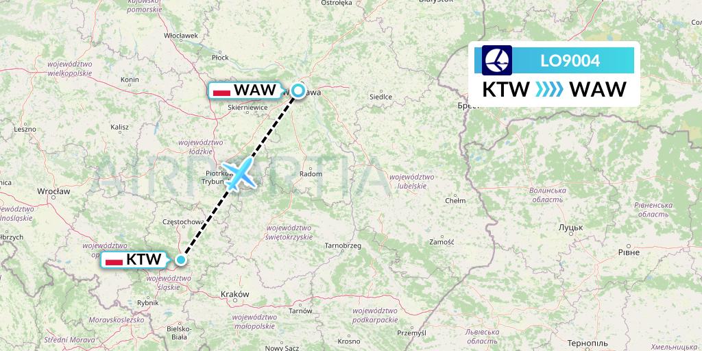 LO9004 LOT Flight Map: Katowice to Warsaw
