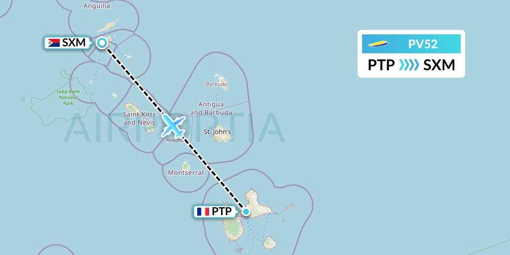 PV52 St. Barth Commuter Flight Map: Pointe-a-Pitre to Sint Maarten