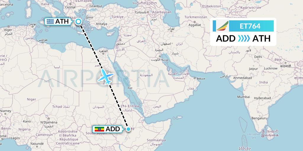 ET764 Ethiopian Airlines Flight Map: Addis Ababa to Athens