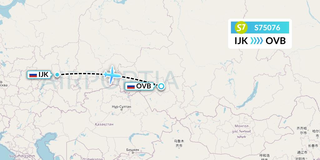S75076 S7 Airlines Flight Map: Izhevsk to Novosibirsk
