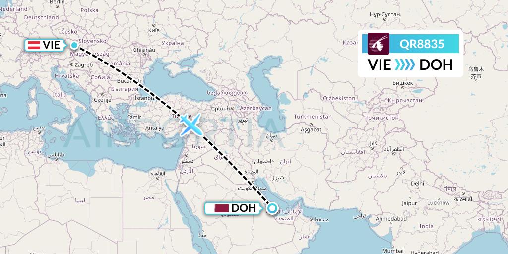 QR8835 Qatar Airways Flight Map: Vienna to Doha
