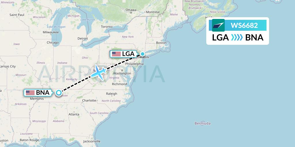 WS6682 WestJet Flight Map: New York to Nashville