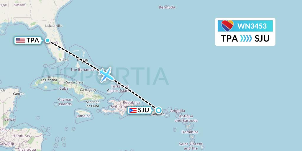 WN3453 Southwest Airlines Flight Map: Tampa to San Juan