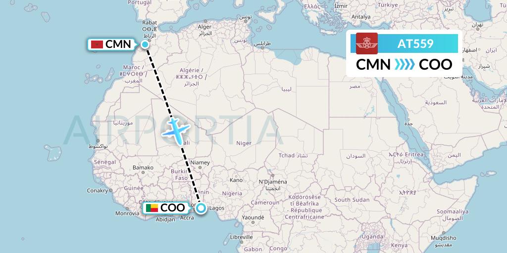 AT559 Royal Air Maroc Flight Map: Casablanca to Cotonou