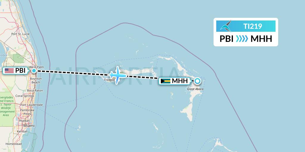 TI219 Tailwind Airlines Flight Map: West Palm Beach to Marsh Harbour