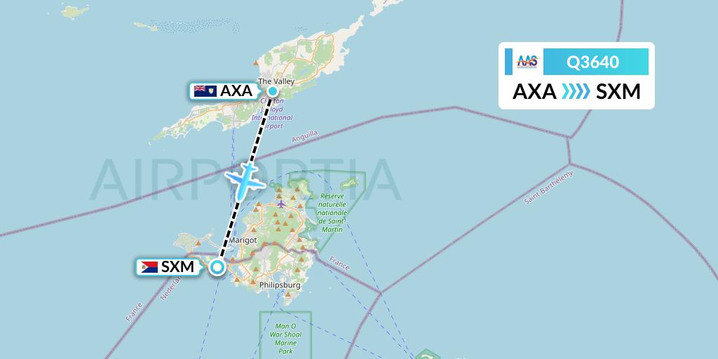 Q3640 Anguilla Air Services Flight Map: The Valley to Sint Maarten