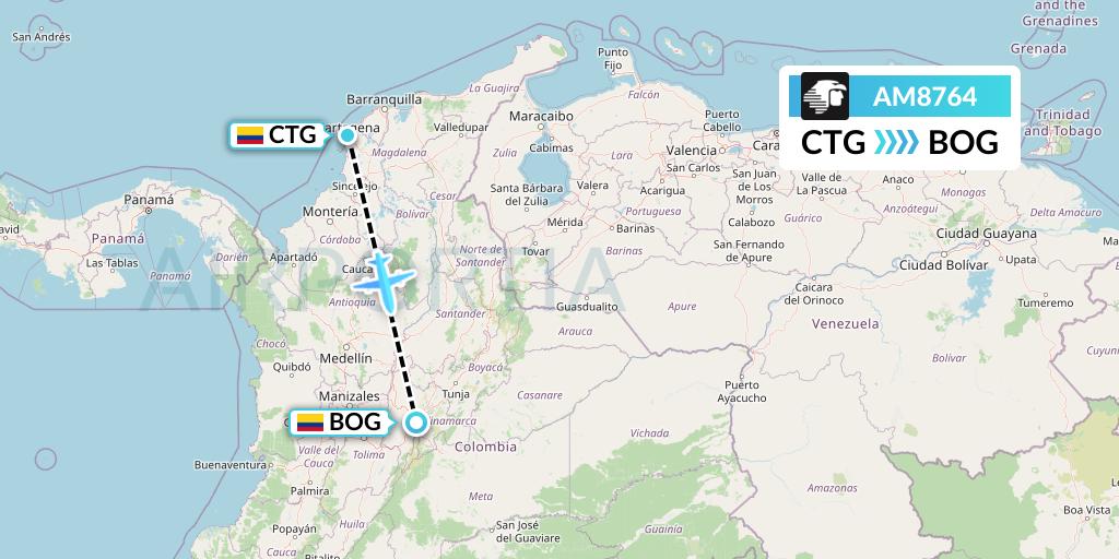 AM8764 Aeromexico Flight Map: Cartagena to Bogota
