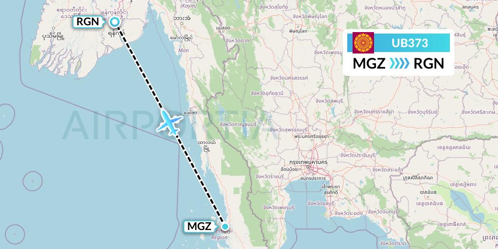 UB373 Myanmar National Airlines Flight Map: Myeik to Yangon