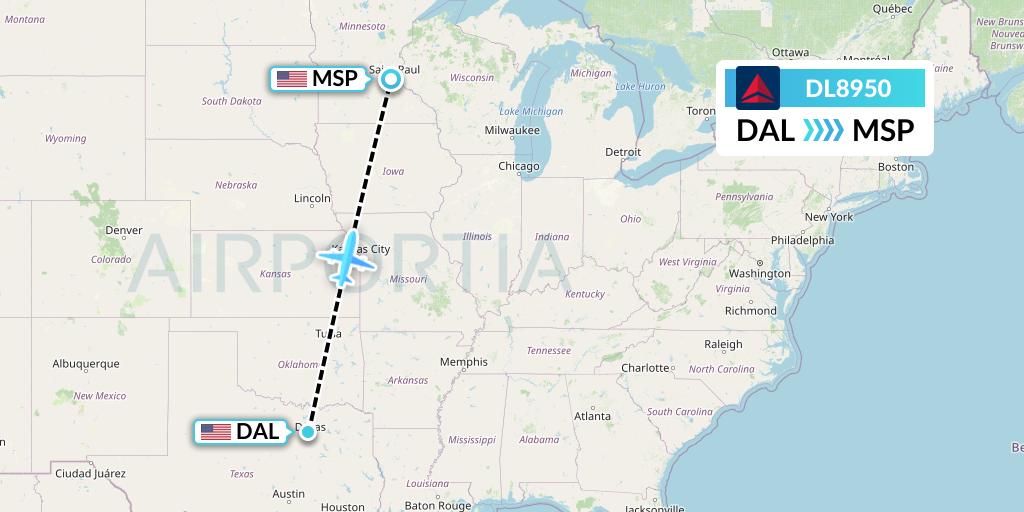 DL8950 Delta Air Lines Flight Map: Dallas to Minneapolis