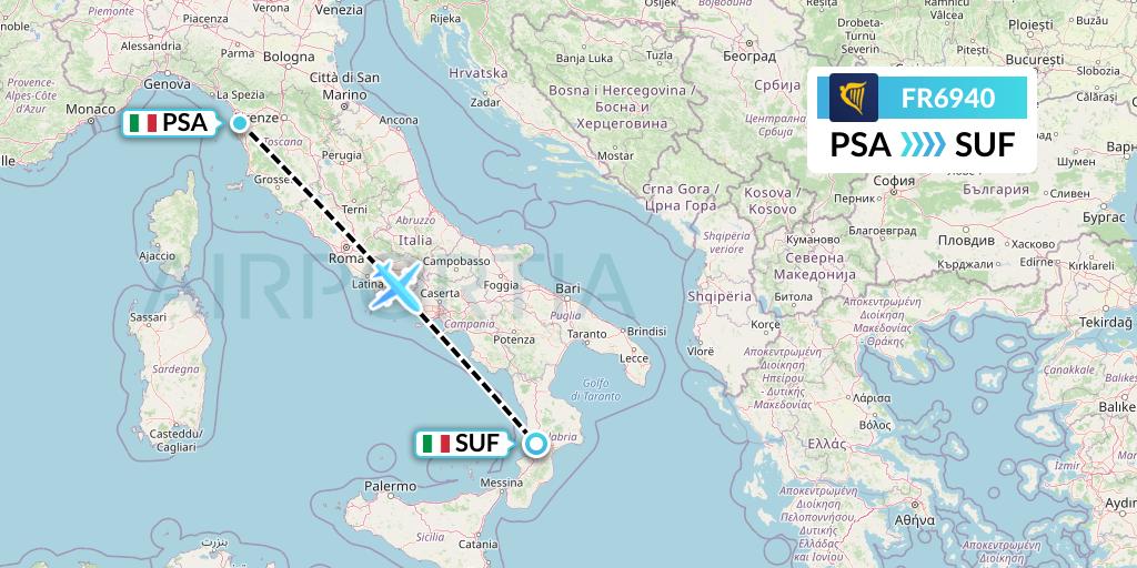 FR6940 Ryanair Flight Map: Pisa to Lamezia Terme
