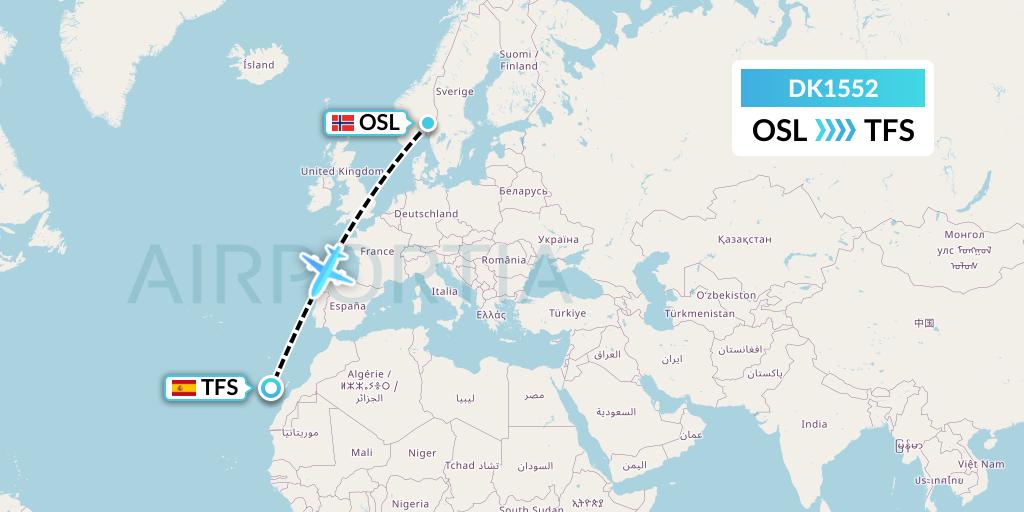 DK1552 Thomas Cook Airlines Scandinavia Flight Map: Oslo to Tenerife