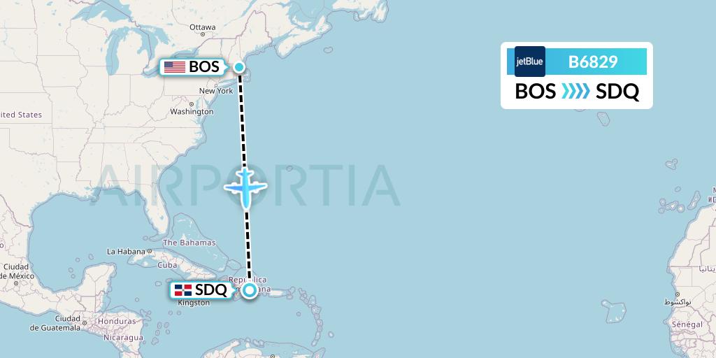 B6829 JetBlue Airways Flight Map: Boston to Santo Domingo