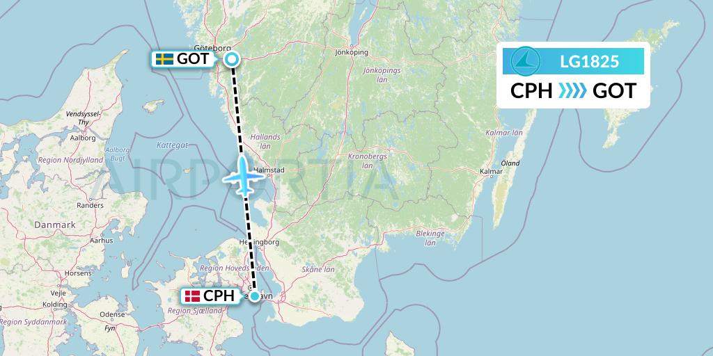 LG1825 Luxair Flight Map: Copenhagen to Gothenburg