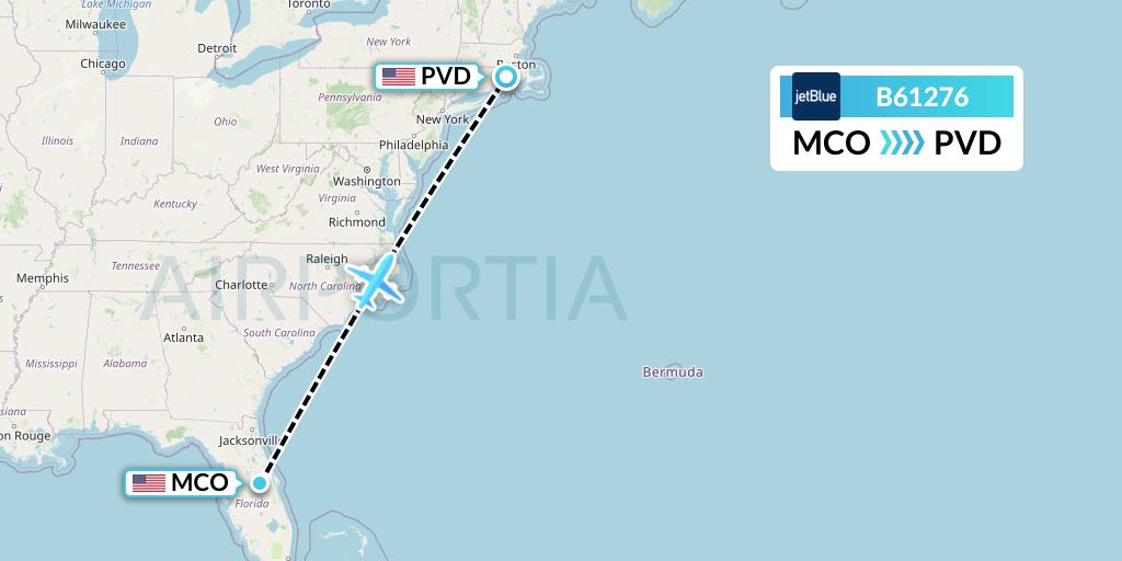 B61276 JetBlue Airways Flight Map: Orlando to Providence