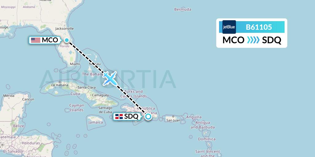 B61105 JetBlue Airways Flight Map: Orlando to Santo Domingo