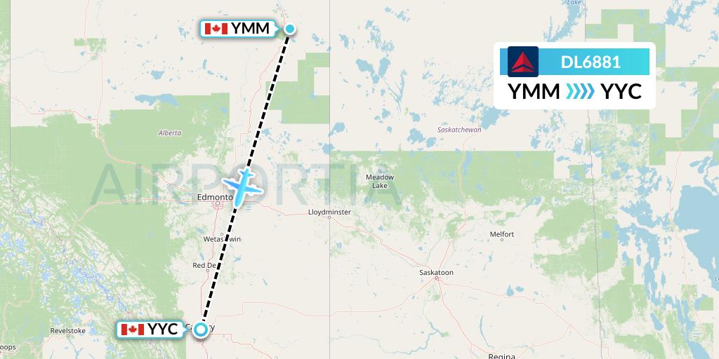 DL6881 Delta Air Lines Flight Map: Fort McMurray to Calgary