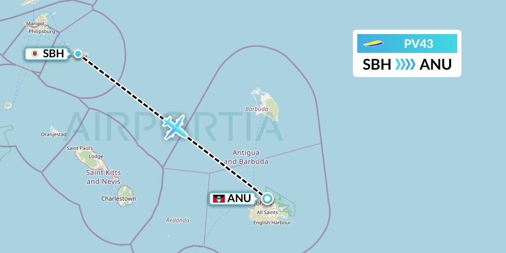 PV43 St. Barth Commuter Flight Map: St. Jean to Antigua