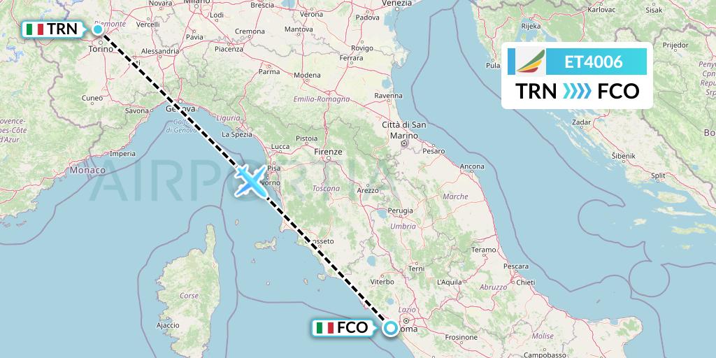 ET4006 Ethiopian Airlines Flight Map: Turin to Rome
