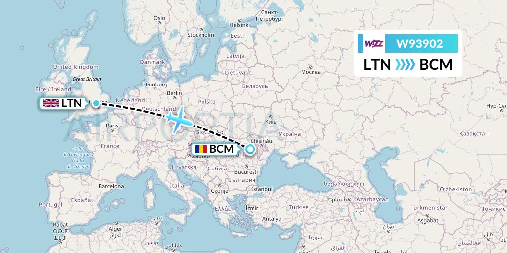 W93902 Wizz Air UK Flight Map: London to Bacau
